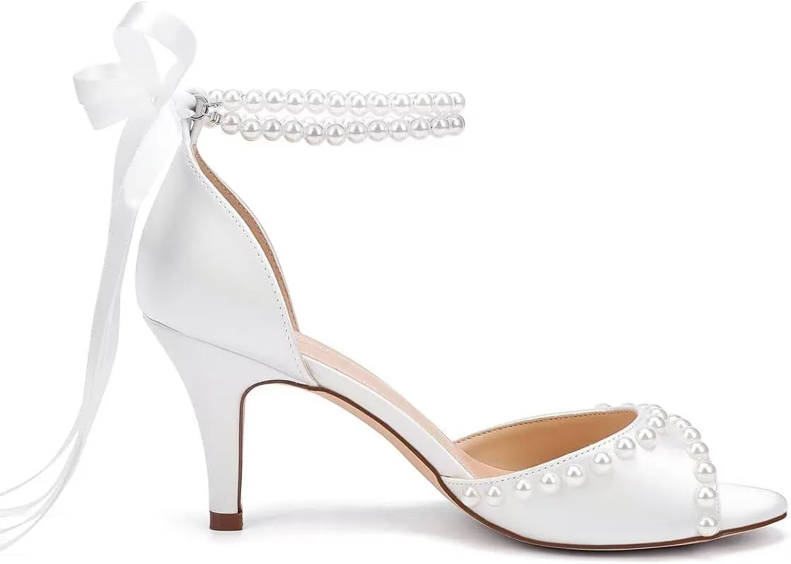 Low Heel Wedding Shoes for Bride Pearl Heels Bridal Shoes Women Wedding Sandals