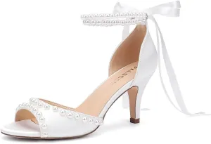 Low Heel Wedding Shoes for Bride Pearl Heels Bridal Shoes Women Wedding Sandals
