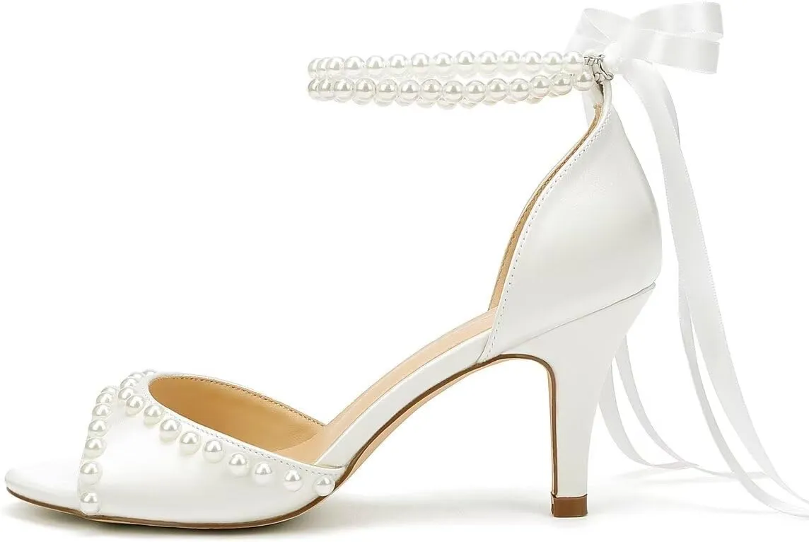 Low Heel Wedding Shoes for Bride Pearl Heels Bridal Shoes Women Wedding Sandals