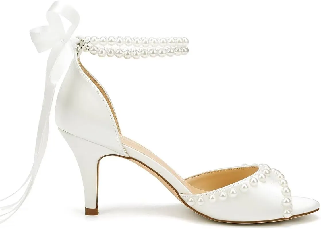 Low Heel Wedding Shoes for Bride Pearl Heels Bridal Shoes Women Wedding Sandals