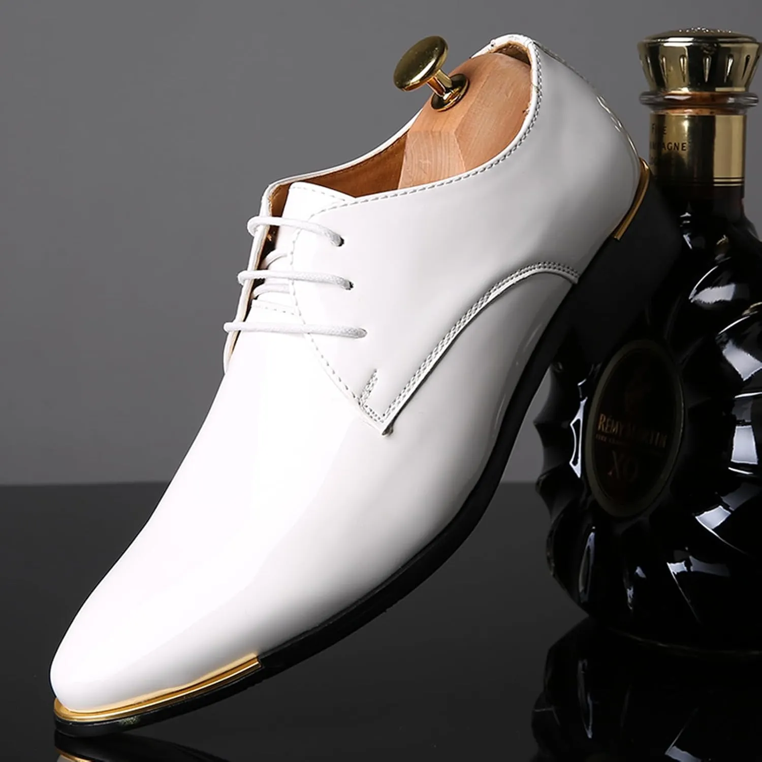 Men Dress Shoes Fashion Wedding Tuxedo Oxford Shoes Classic Pointed-Toe Lace-up Patent Leather Formal Shoes for Men
