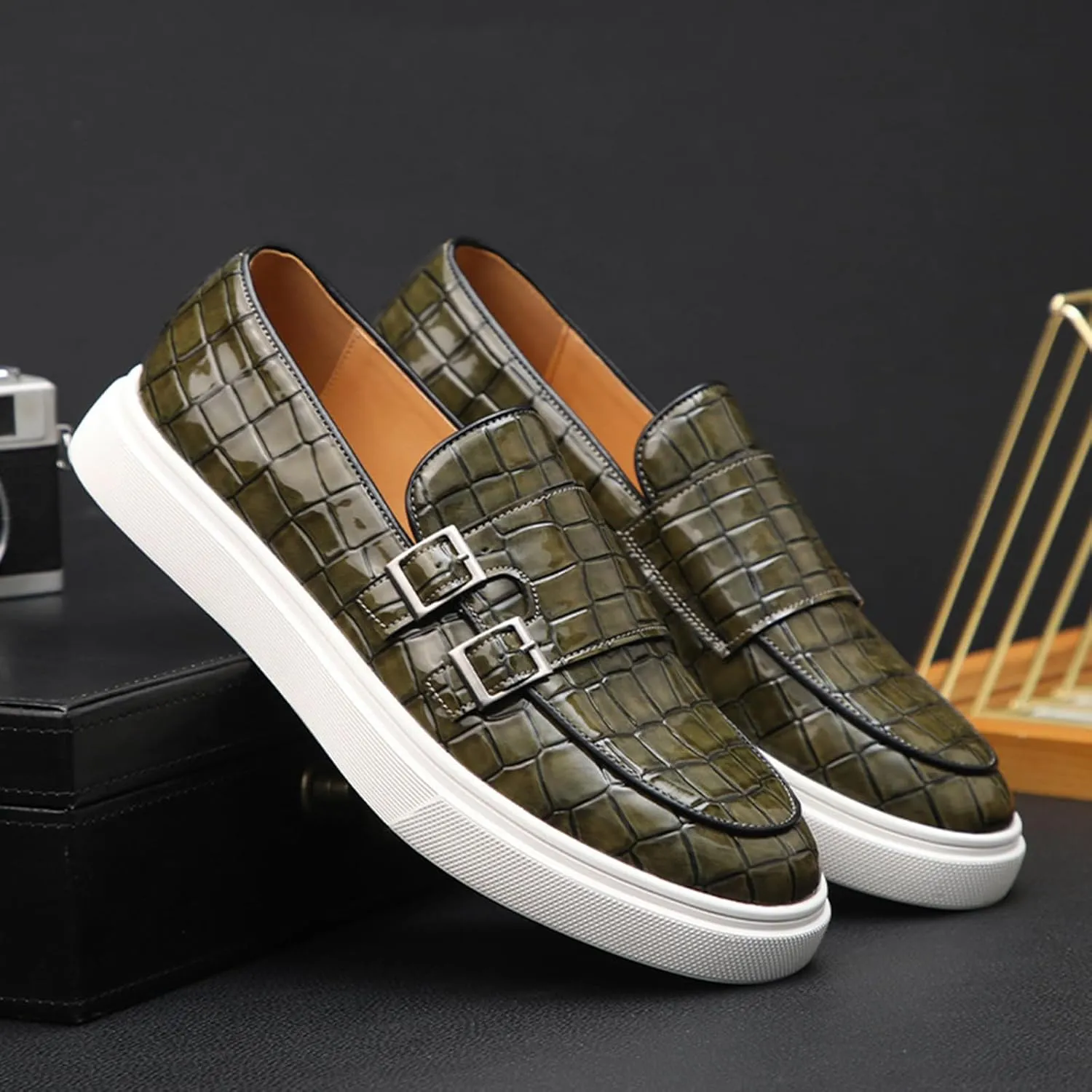 Men's Crocodile Print Double Monk Strap Slip-on Loafers Fashion Patent Leather Classic Oxford Dress Business Shoes Rointed Toe Comfort Sneakers