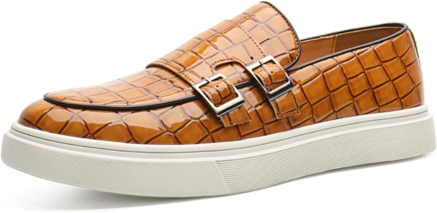 Men's Crocodile Print Double Monk Strap Slip-on Loafers Fashion Patent Leather Classic Oxford Dress Business Shoes Rointed Toe Comfort Sneakers