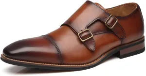 Mens Double Monk Strap Slip on Loafer Cap Toe Leather Oxford Formal Business Casual Comfortable Dress Shoes for Men