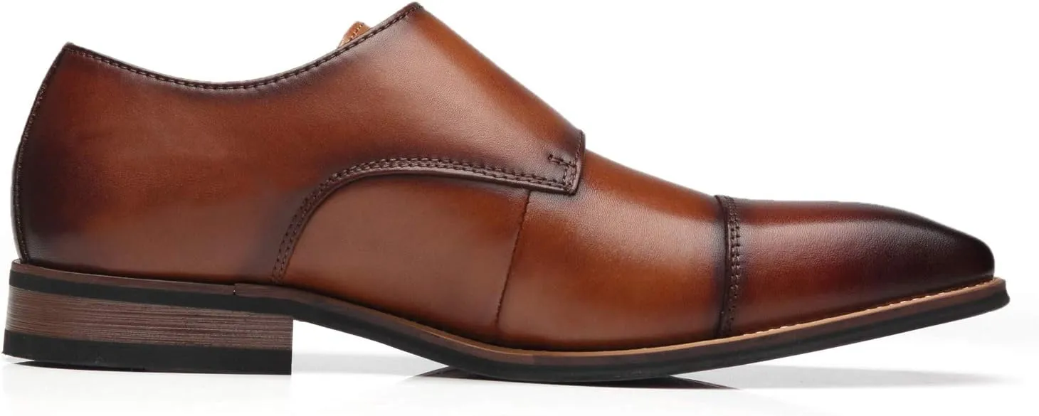 Mens Double Monk Strap Slip on Loafer Cap Toe Leather Oxford Formal Business Casual Comfortable Dress Shoes for Men
