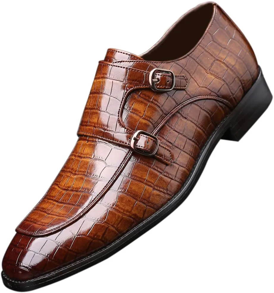 Mens Double Monk Strap Slip on Loafer Leather Formal Business Casual Comfortable Dress Shoes for Men