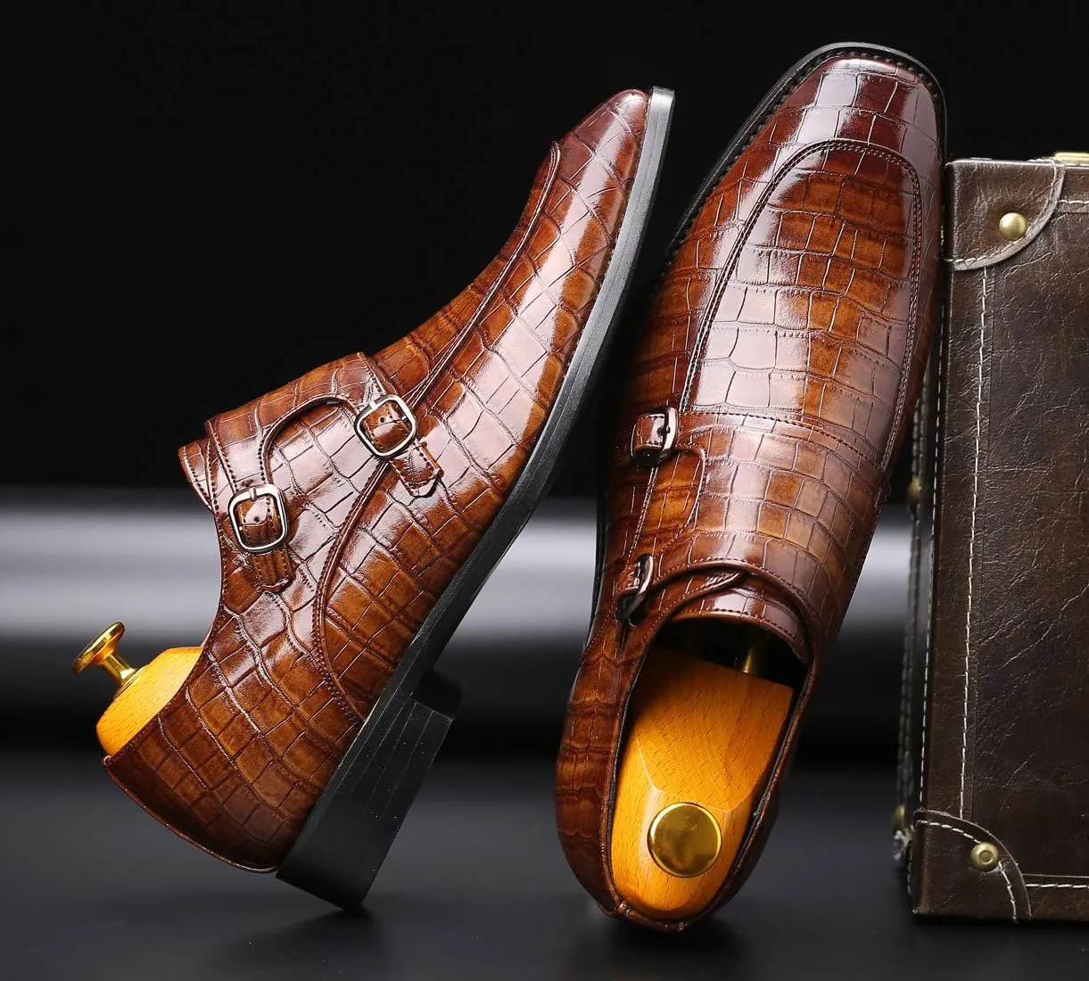 Mens Double Monk Strap Slip on Loafer Leather Formal Business Casual Comfortable Dress Shoes for Men