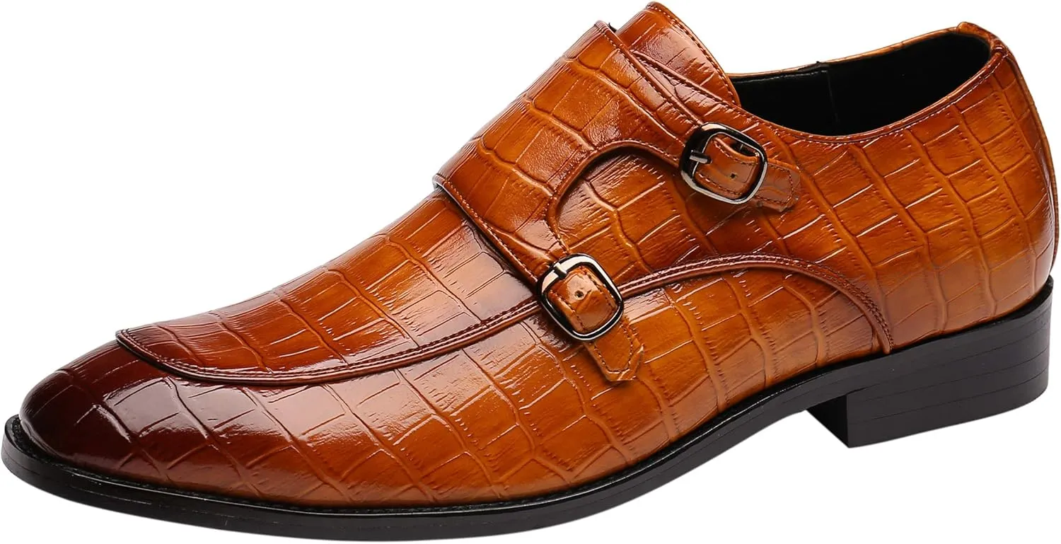 Mens Double Monk Strap Slip on Loafer Leather Formal Business Casual Comfortable Dress Shoes for Men