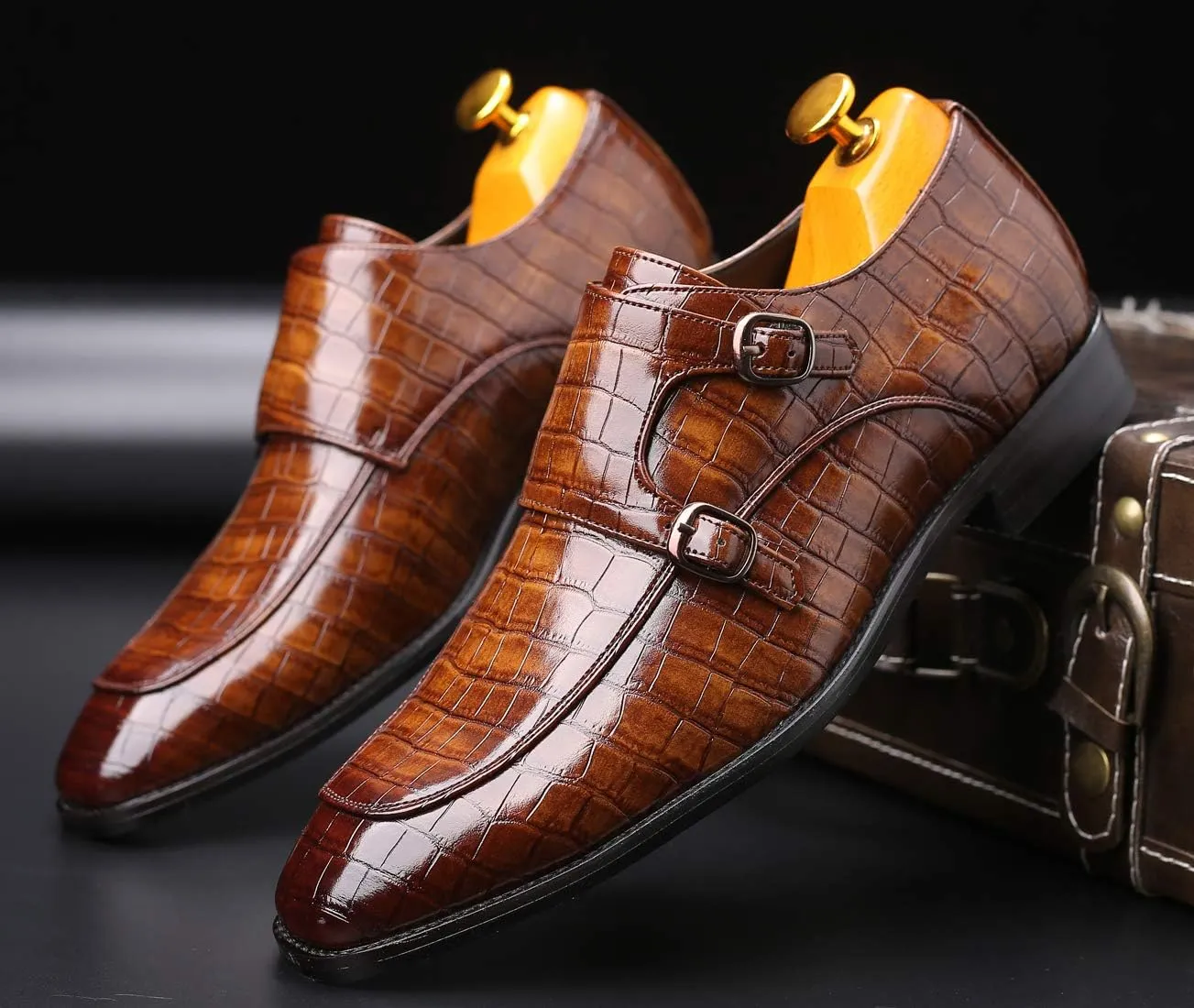 Mens Double Monk Strap Slip on Loafer Leather Formal Business Casual Comfortable Dress Shoes for Men