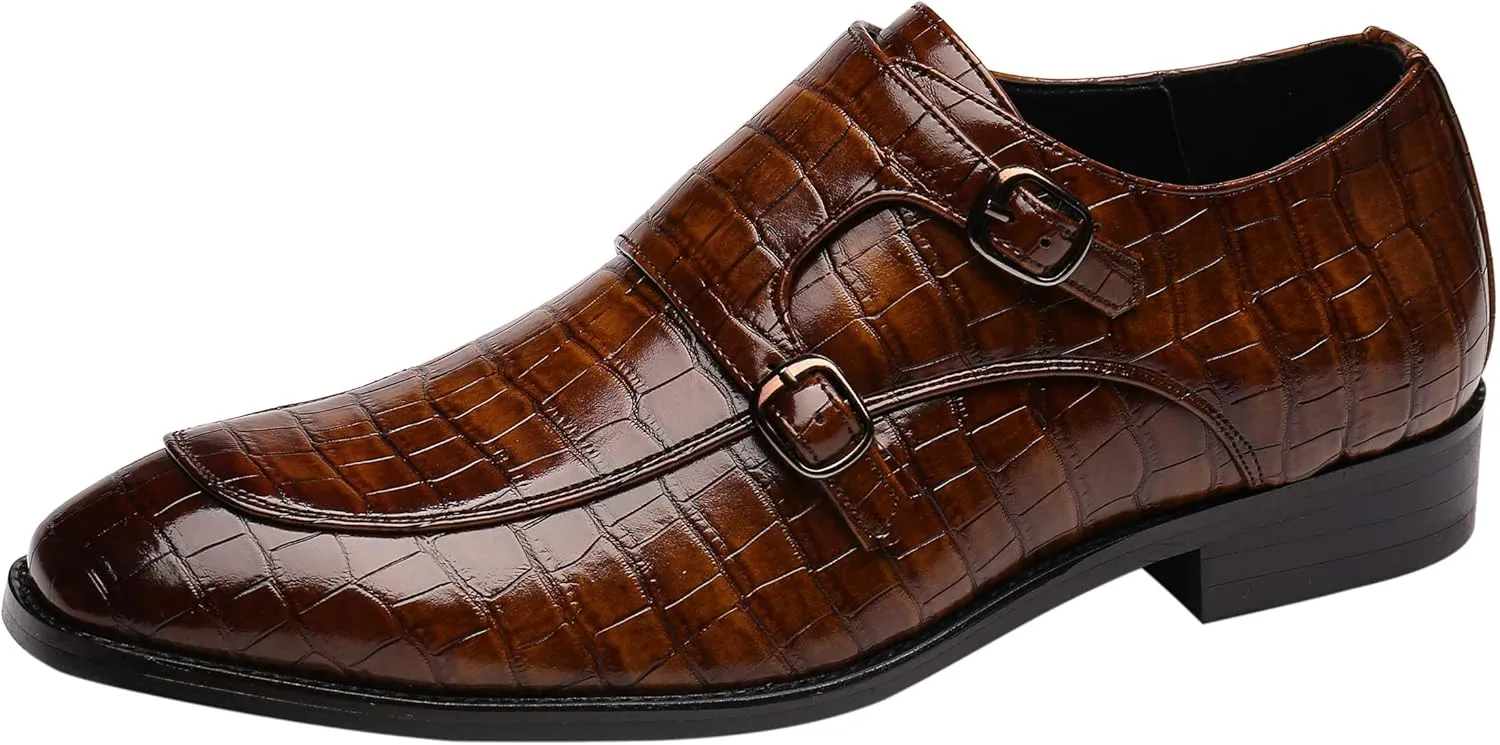 Mens Double Monk Strap Slip on Loafer Leather Formal Business Casual Comfortable Dress Shoes for Men