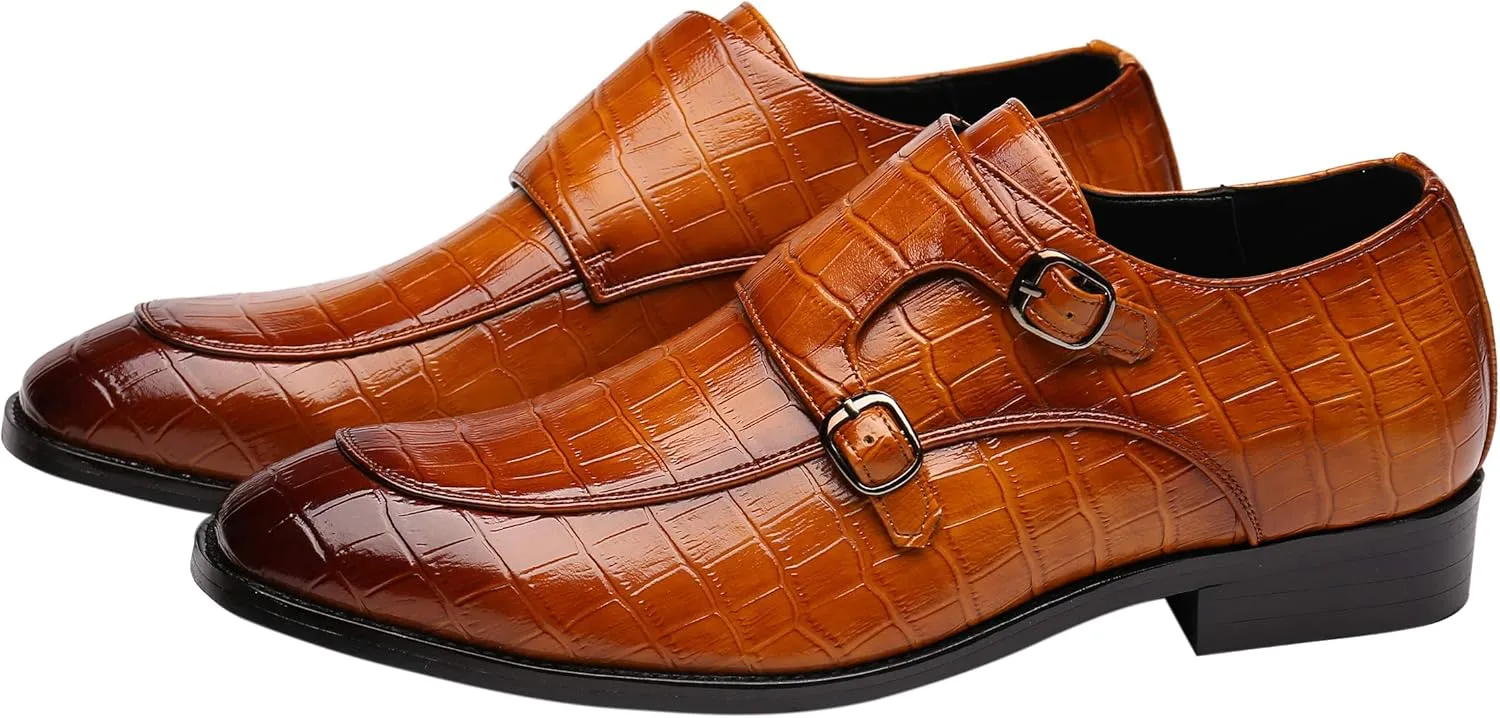 Mens Double Monk Strap Slip on Loafer Leather Formal Business Casual Comfortable Dress Shoes for Men