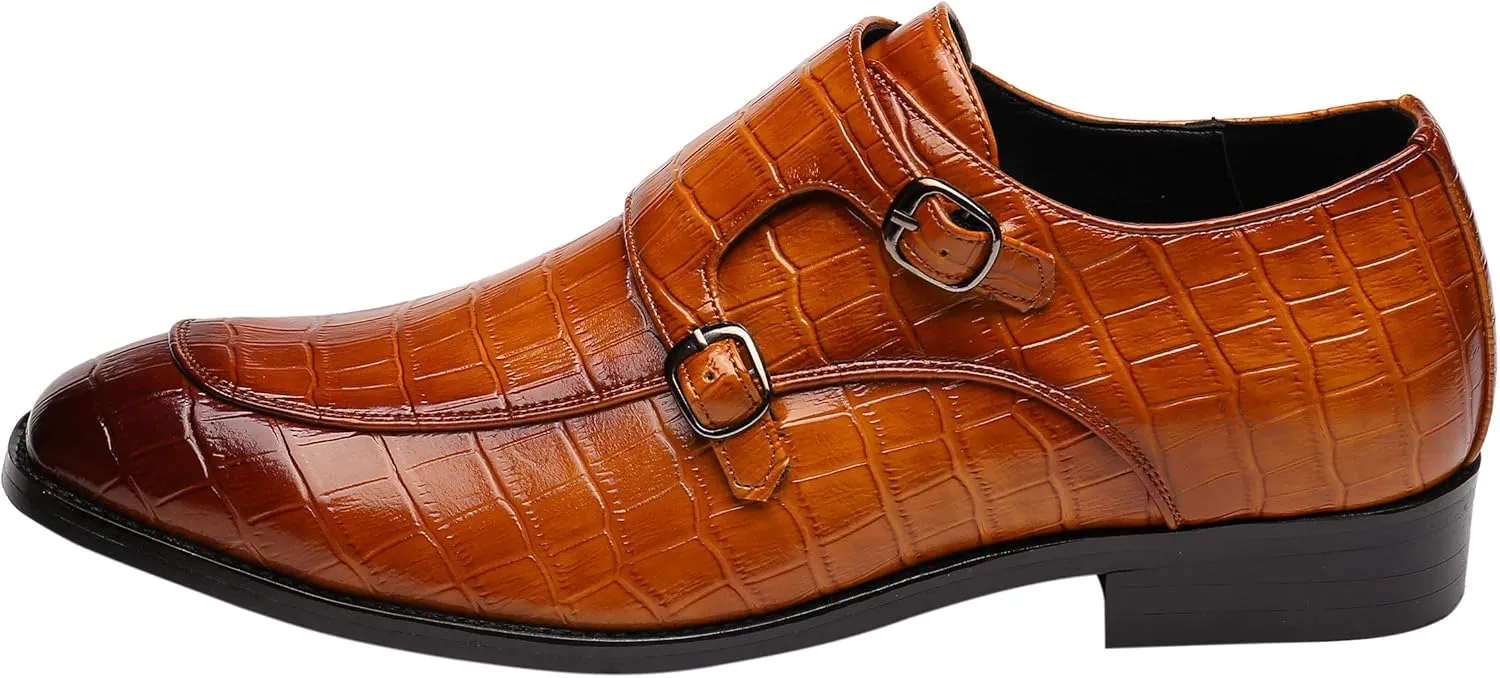 Mens Double Monk Strap Slip on Loafer Leather Formal Business Casual Comfortable Dress Shoes for Men
