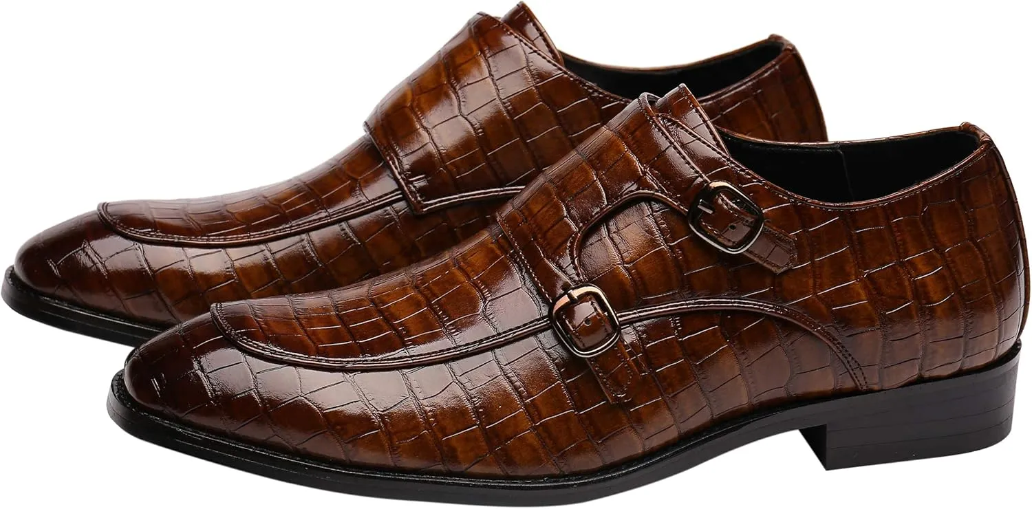 Mens Double Monk Strap Slip on Loafer Leather Formal Business Casual Comfortable Dress Shoes for Men