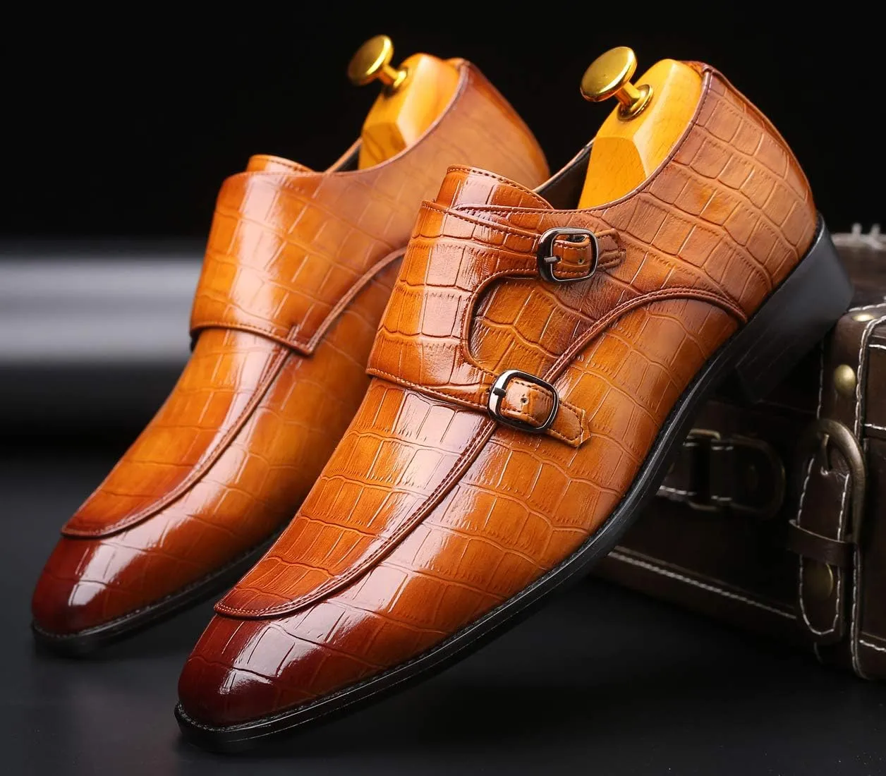 Mens Double Monk Strap Slip on Loafer Leather Formal Business Casual Comfortable Dress Shoes for Men