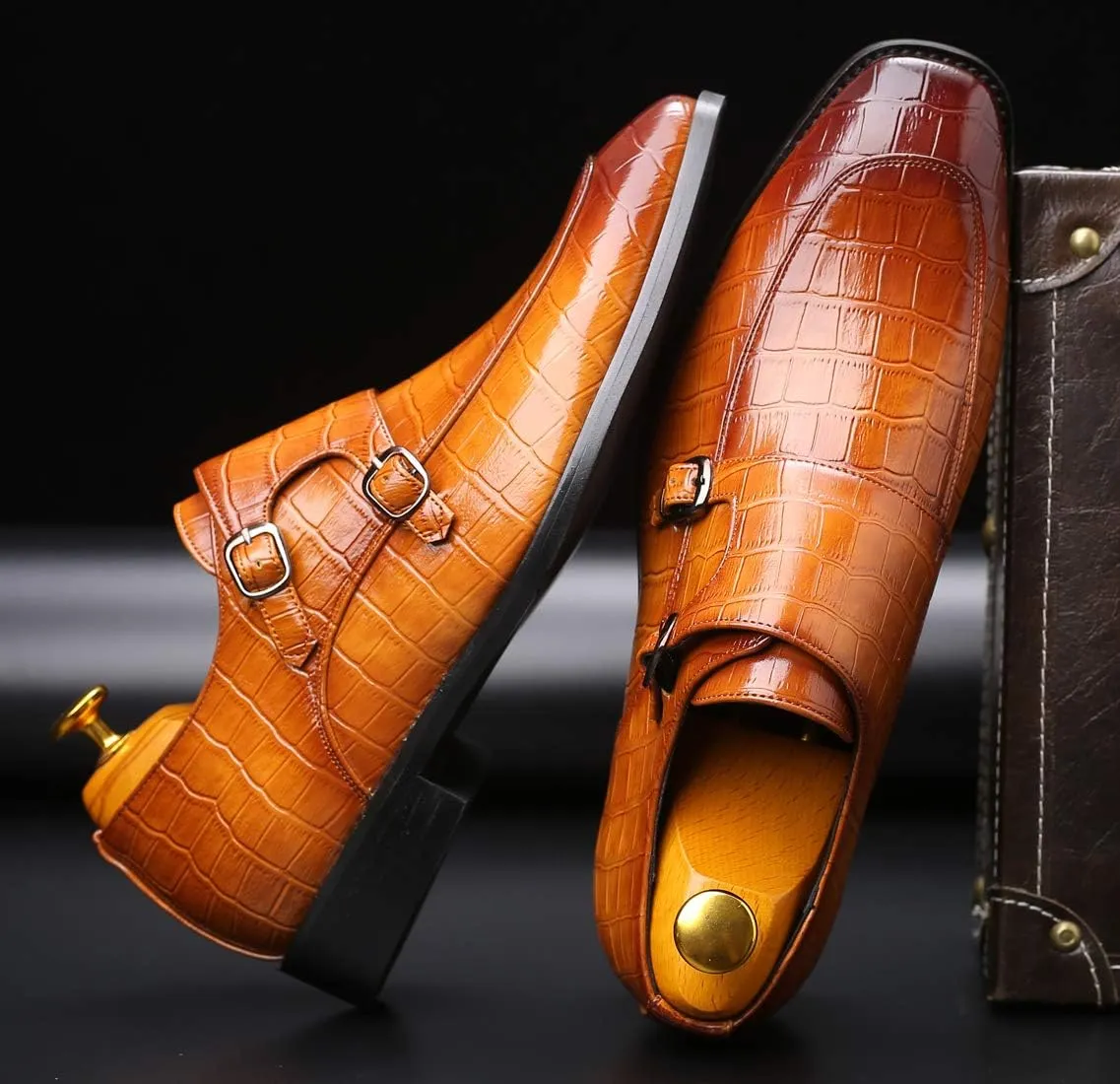 Mens Double Monk Strap Slip on Loafer Leather Formal Business Casual Comfortable Dress Shoes for Men
