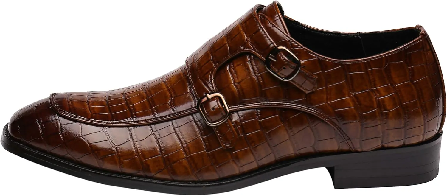 Mens Double Monk Strap Slip on Loafer Leather Formal Business Casual Comfortable Dress Shoes for Men