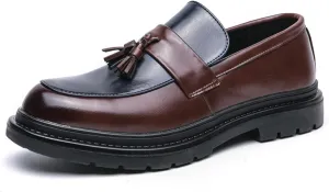 Men's Fashion Tassel Platform Loafers Comfortable Wide Round Toe Slip on Lug Sole Low Block Heel Business Dress Shoes Non-Slip Work Office Casual Shoes