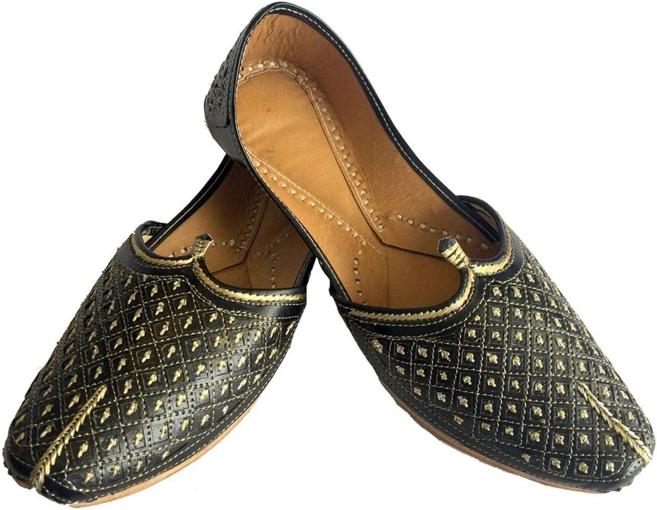 Men's Flat Black Wedding Khussa Shoes Traditional Indian Leather Loafer Punjabi Jutti