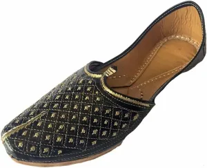 Men's Flat Black Wedding Khussa Shoes Traditional Indian Leather Loafer Punjabi Jutti