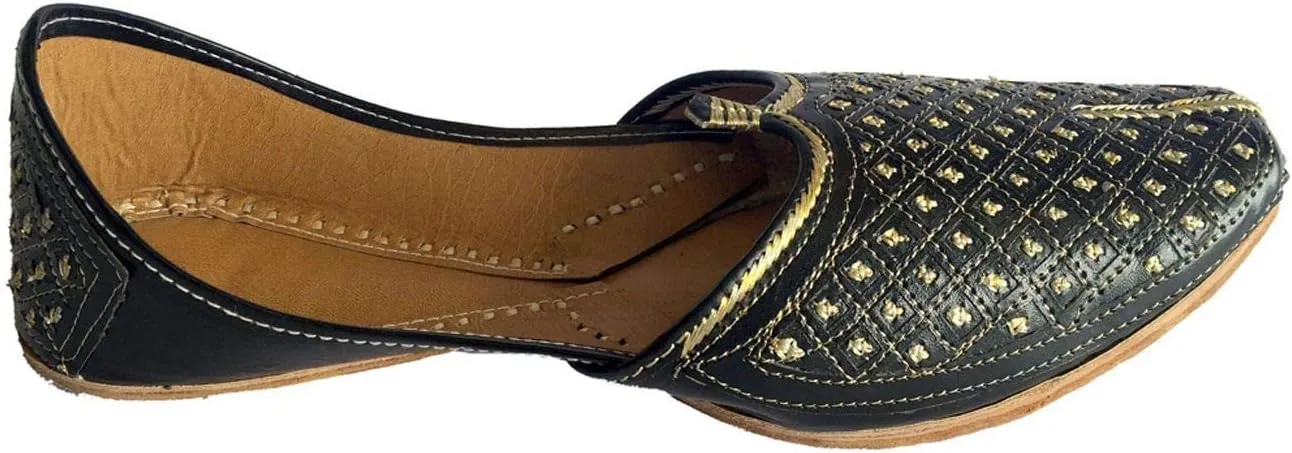 Men's Flat Black Wedding Khussa Shoes Traditional Indian Leather Loafer Punjabi Jutti