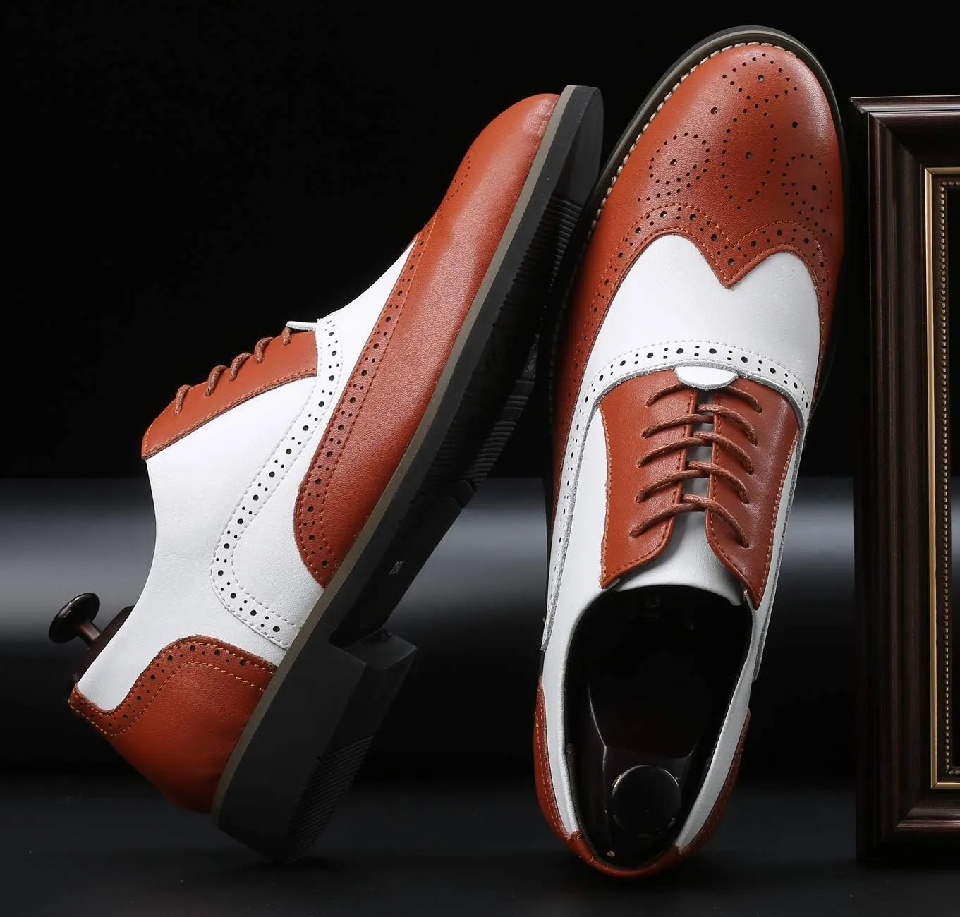Mens Lace Up Dress Shoes Modern Double-Color Formal Business Wingtip Oxford Derby