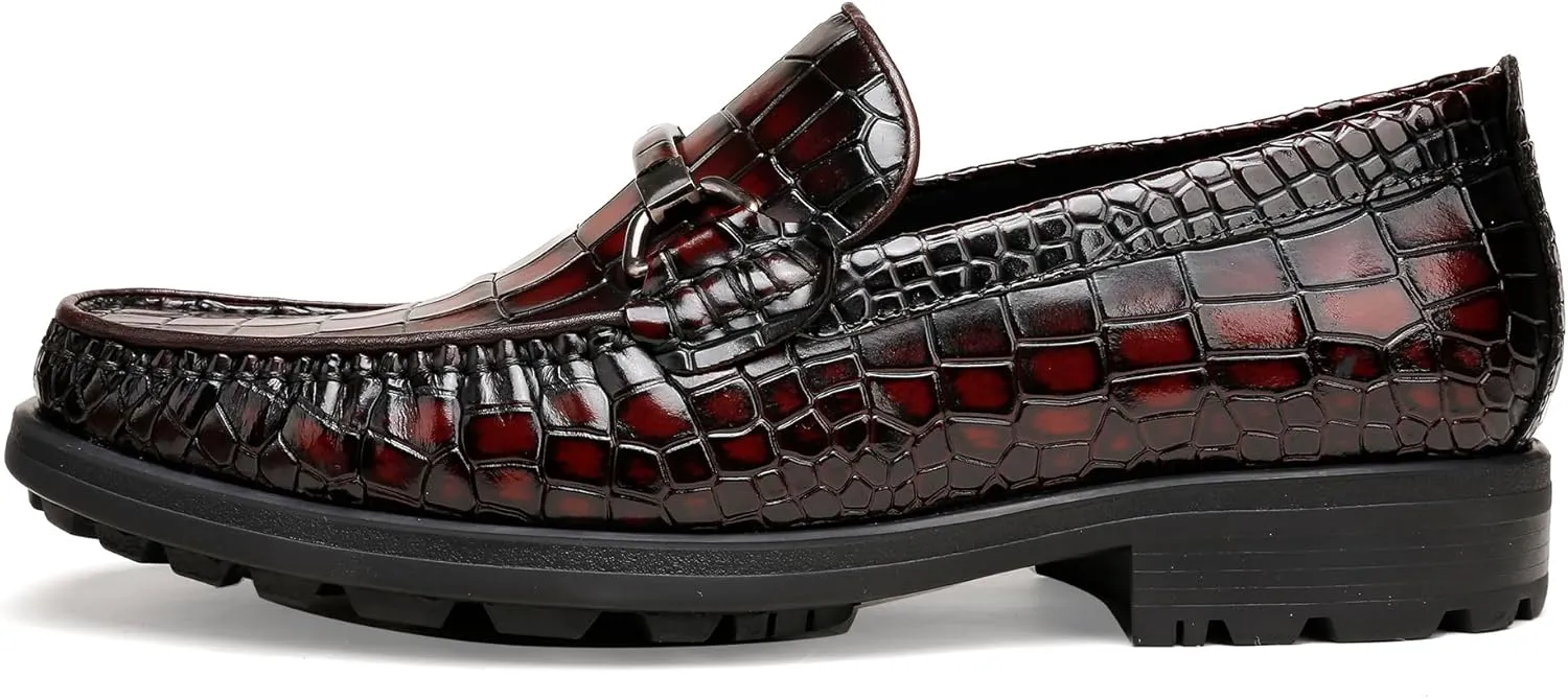 Men's Leather Dress Shoes, Classic Crocodile Printed Dress Shoes Casual Slip-on Penny Loafer for Mens