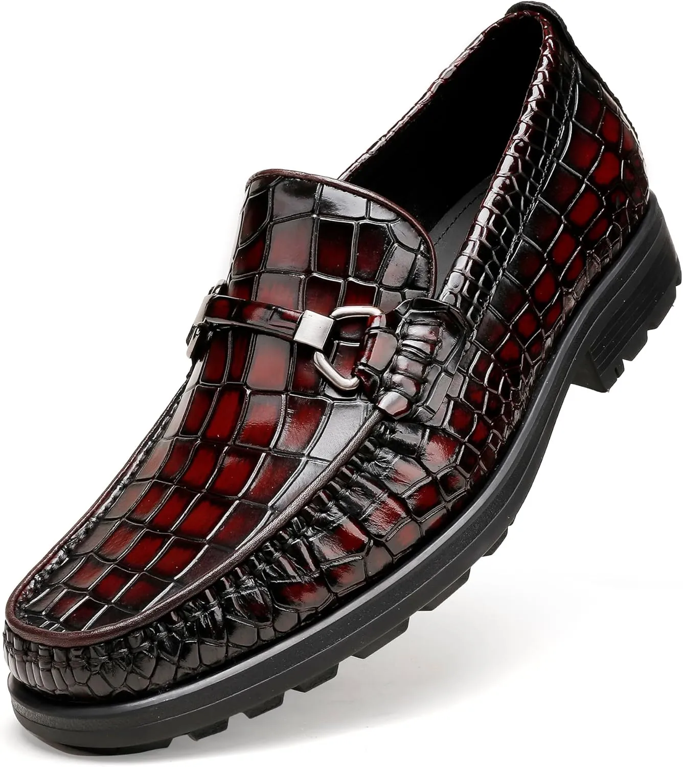 Men's Leather Dress Shoes, Classic Crocodile Printed Dress Shoes Casual Slip-on Penny Loafer for Mens