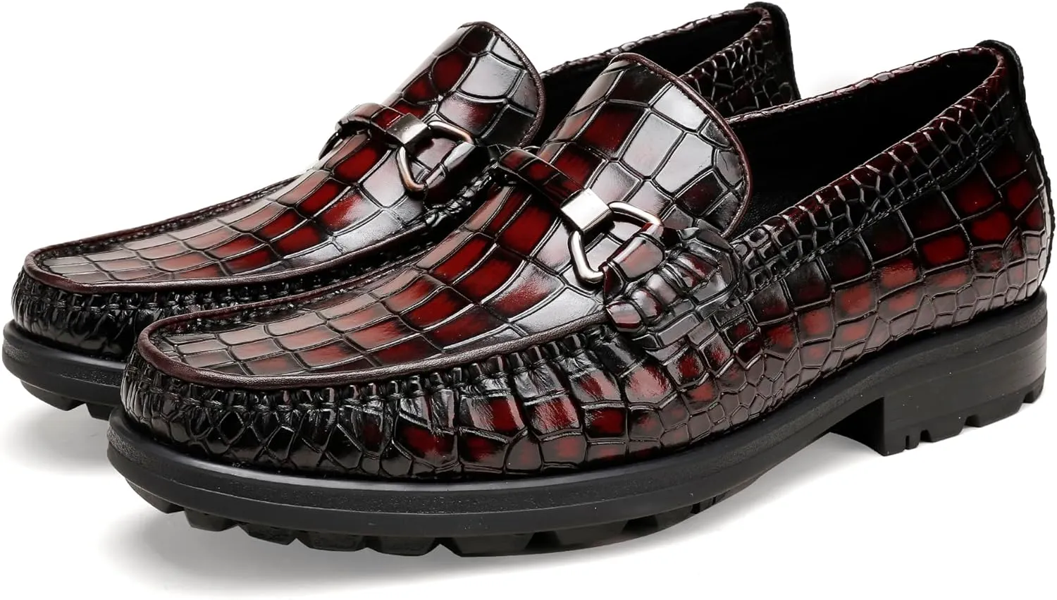 Men's Leather Dress Shoes, Classic Crocodile Printed Dress Shoes Casual Slip-on Penny Loafer for Mens