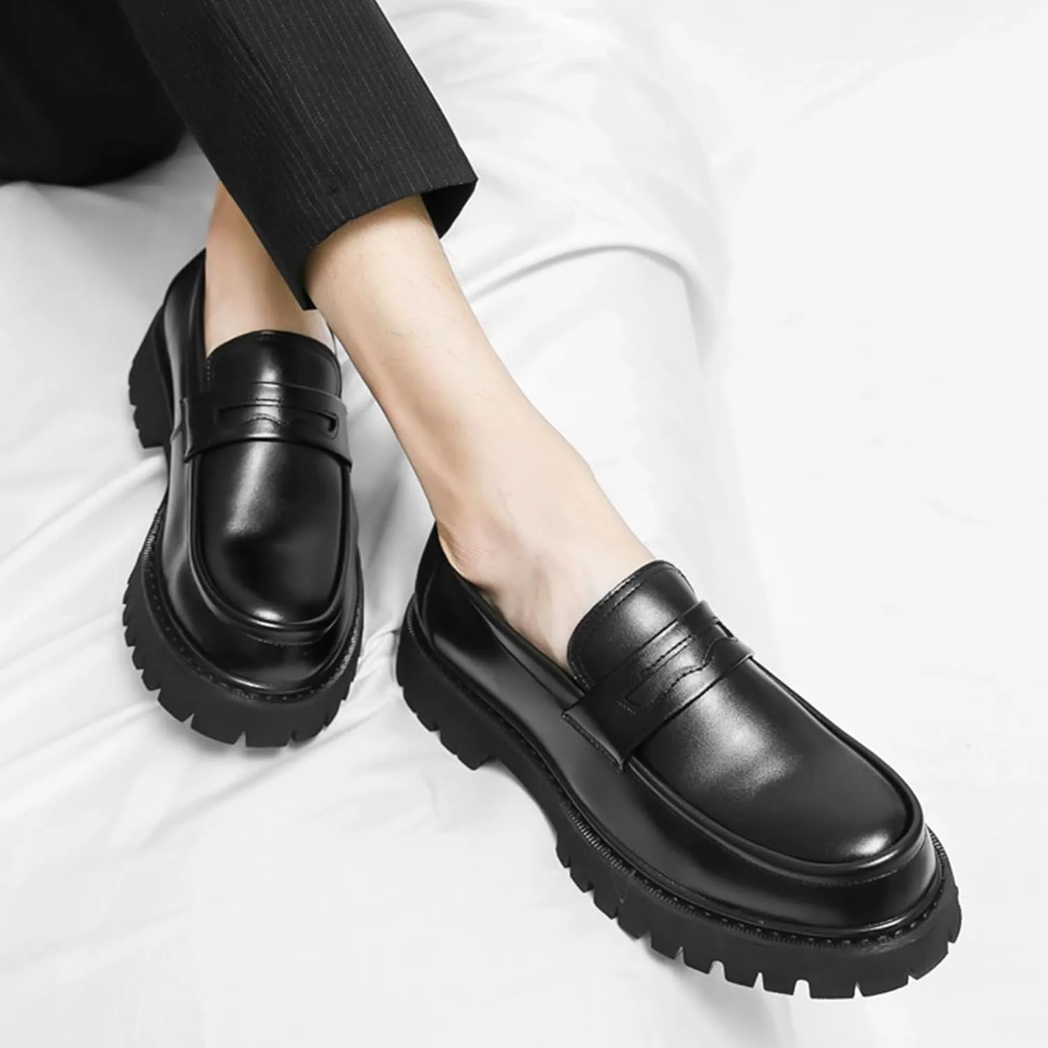 Men's Leather Platform Chunky Slip-On Penny Loafers Classic Round Toe Lug Sole Business Casual Formal Work Shoes