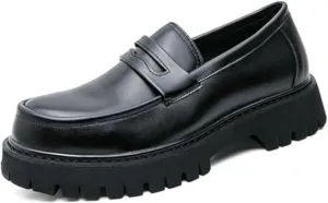Men's Leather Platform Chunky Slip-On Penny Loafers Classic Round Toe Lug Sole Business Casual Formal Work Shoes