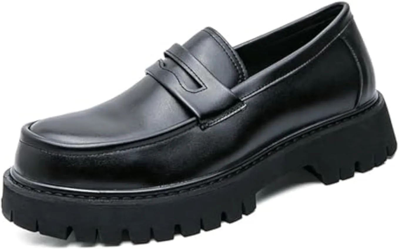 Men's Leather Platform Chunky Slip-On Penny Loafers Classic Round Toe Lug Sole Business Casual Formal Work Shoes