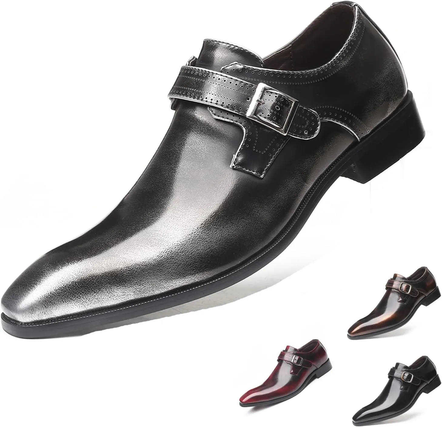 Men's Leather Pointed Toe Dress Shoes,Fashion English Style Adjustable Metal Buckle Hook & Loop Decorate Slip On Block Heel Formal Business Wedding Oxford Shoes Loafer