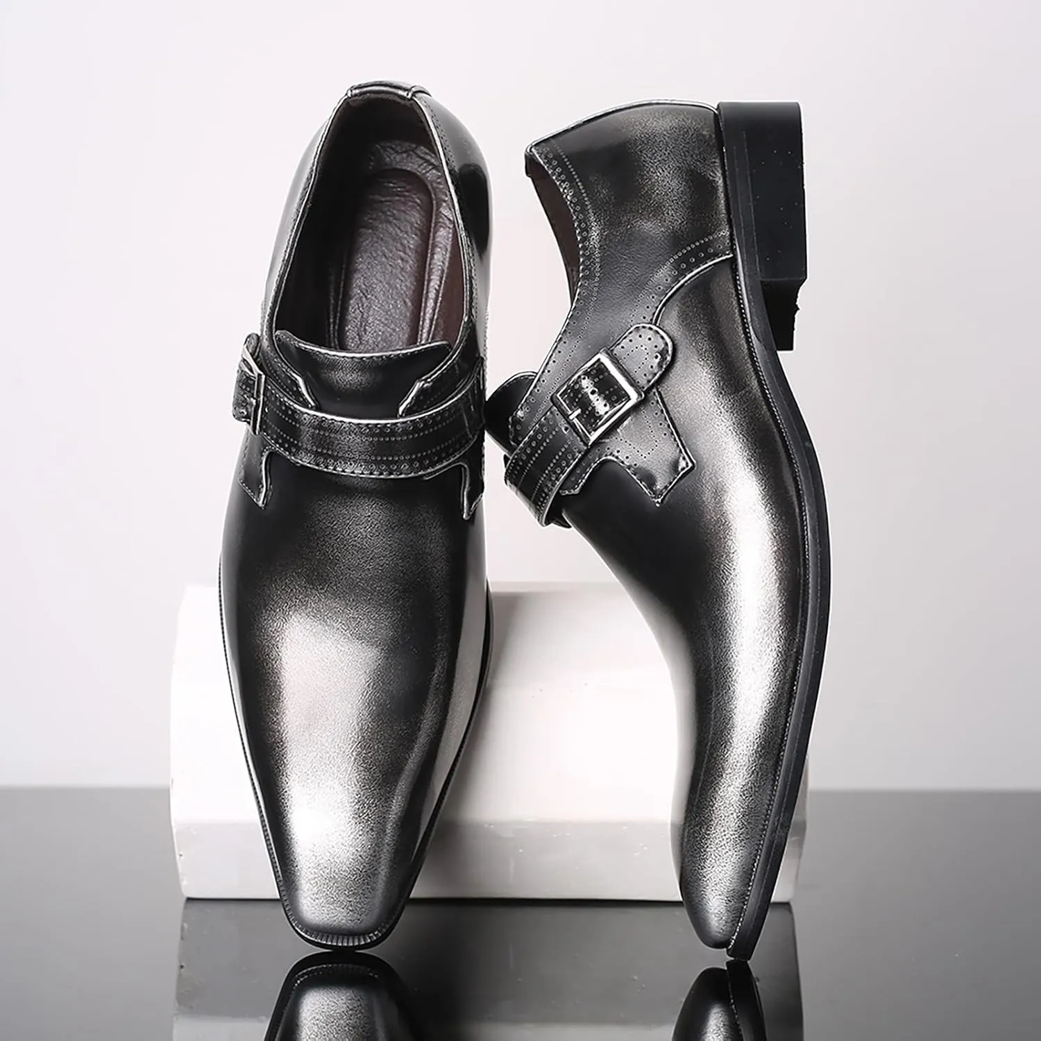 Men's Leather Pointed Toe Dress Shoes,Fashion English Style Adjustable Metal Buckle Hook & Loop Decorate Slip On Block Heel Formal Business Wedding Oxford Shoes Loafer
