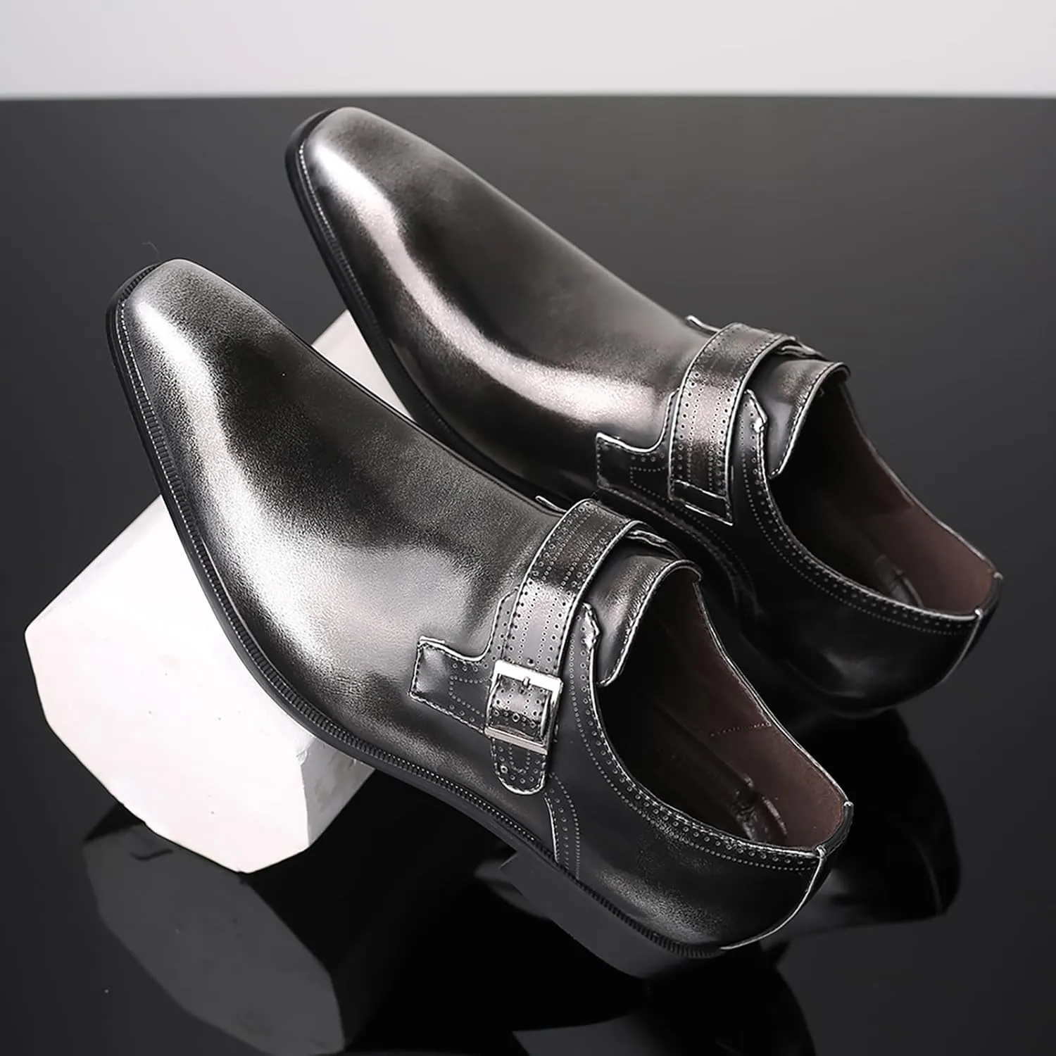 Men's Leather Pointed Toe Dress Shoes,Fashion English Style Adjustable Metal Buckle Hook & Loop Decorate Slip On Block Heel Formal Business Wedding Oxford Shoes Loafer
