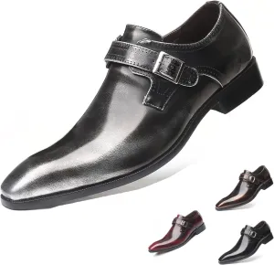 Men's Leather Pointed Toe Dress Shoes,Fashion English Style Adjustable Metal Buckle Hook & Loop Decorate Slip On Block Heel Formal Business Wedding Oxford Shoes Loafer