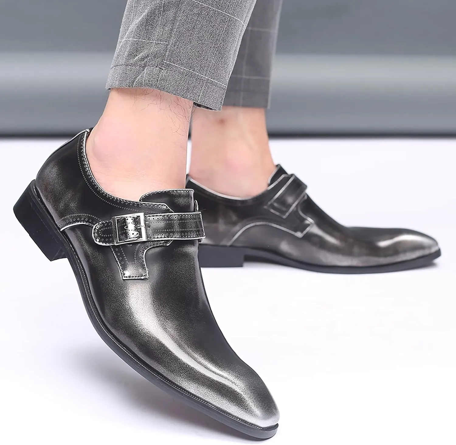 Men's Leather Pointed Toe Dress Shoes,Fashion English Style Adjustable Metal Buckle Hook & Loop Decorate Slip On Block Heel Formal Business Wedding Oxford Shoes Loafer