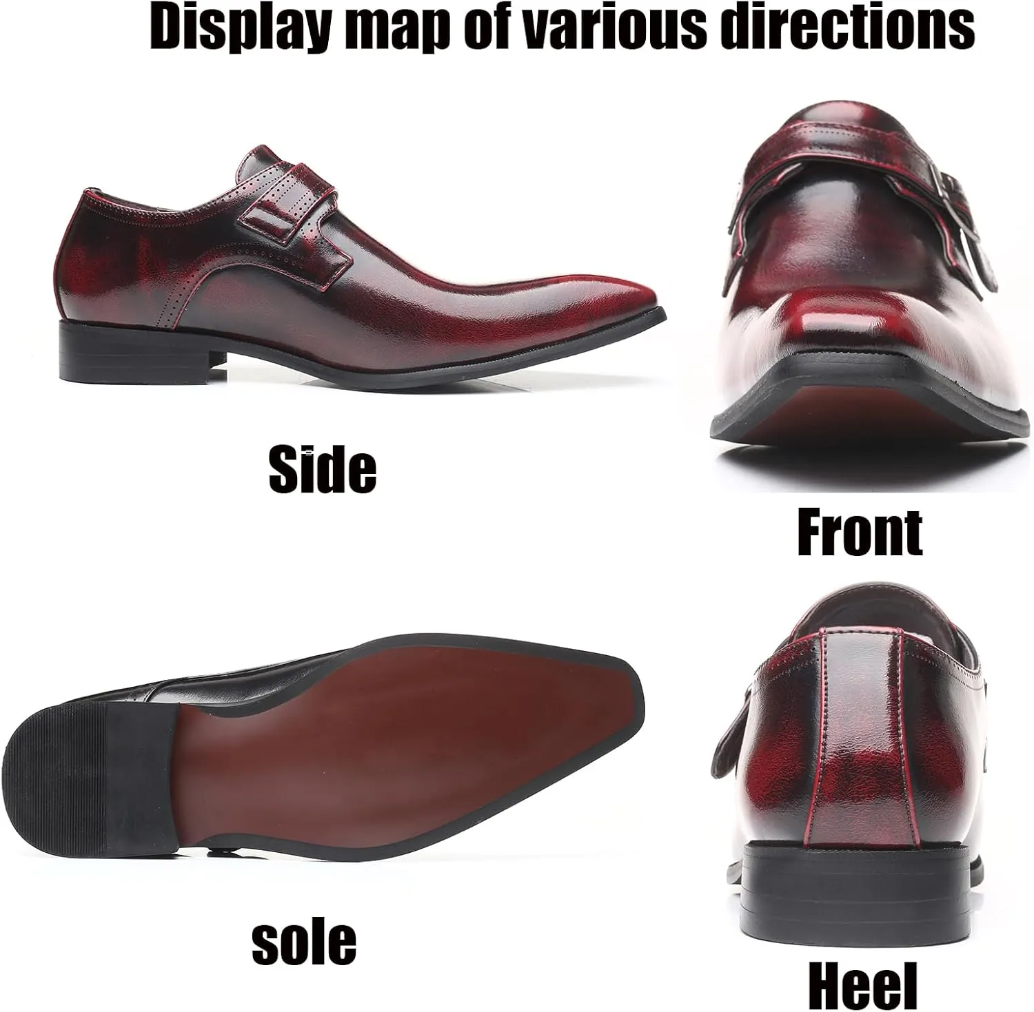 Men's Leather Pointed Toe Dress Shoes,Fashion English Style Adjustable Metal Buckle Hook & Loop Decorate Slip On Block Heel Formal Business Wedding Oxford Shoes Loafer