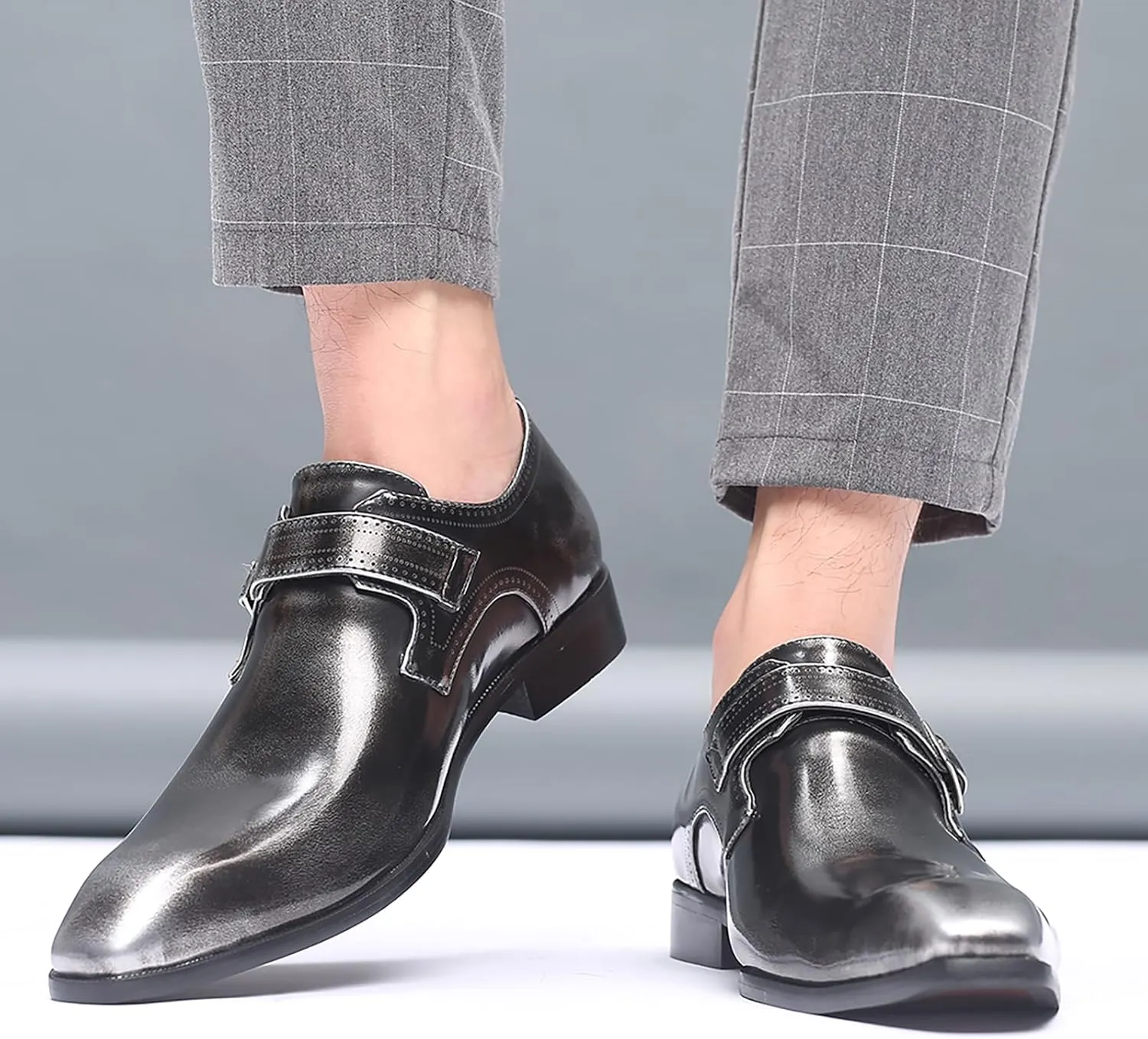 Men's Leather Pointed Toe Dress Shoes,Fashion English Style Adjustable Metal Buckle Hook & Loop Decorate Slip On Block Heel Formal Business Wedding Oxford Shoes Loafer