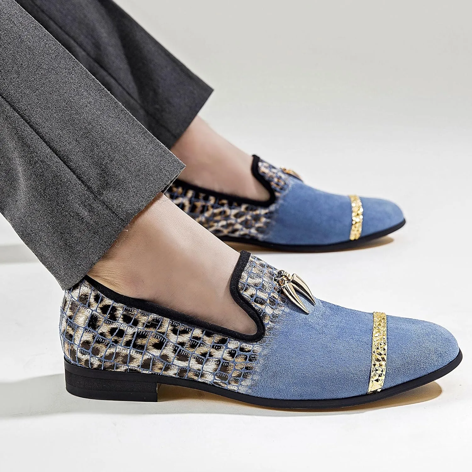 Mens Leopard Loafers Leather Embroidery Spiked Slip on Dress Shoes Slipper Luxury Fashion Penny Prom