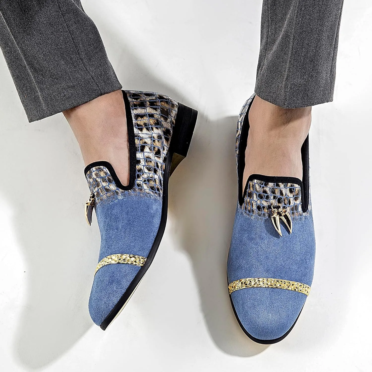 Mens Leopard Loafers Leather Embroidery Spiked Slip on Dress Shoes Slipper Luxury Fashion Penny Prom