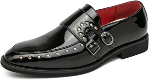 Men's Patent Leather Double Monk Strap Loafer Pointed Toe Slip On Western Wedding Formal Business Casual Comfort Dress Oxford Shoes