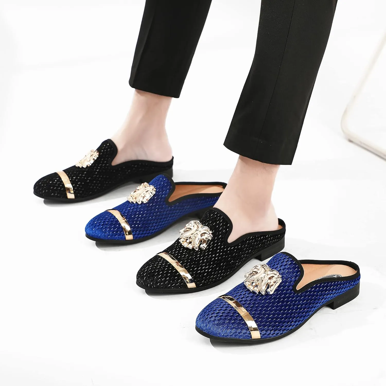 Men's Slip-on Mule Sandals Loafer with Gold Buckle,Fashion Leather Formal Wear Casual Backless Dress Slippers