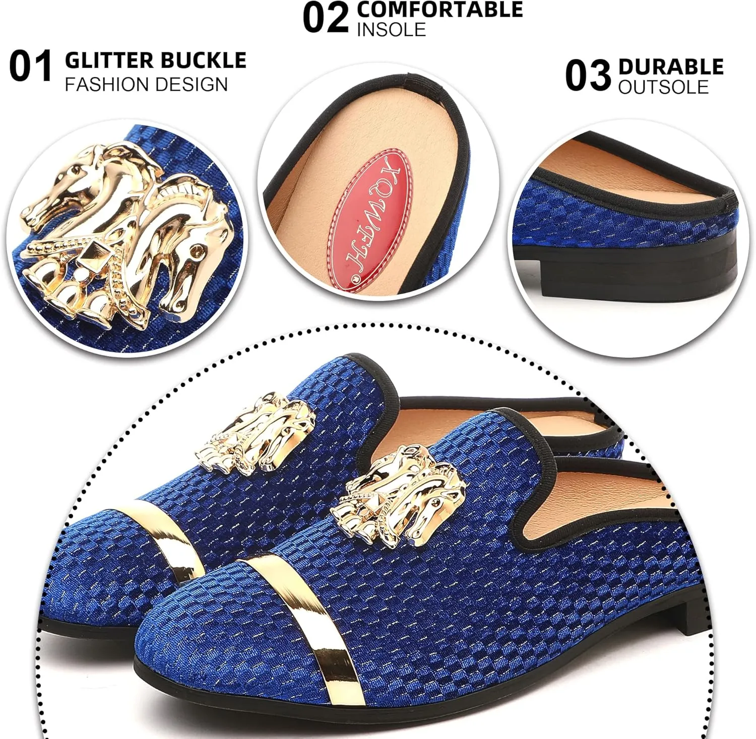 Men's Slip-on Mule Sandals Loafer with Gold Buckle,Fashion Leather Formal Wear Casual Backless Dress Slippers