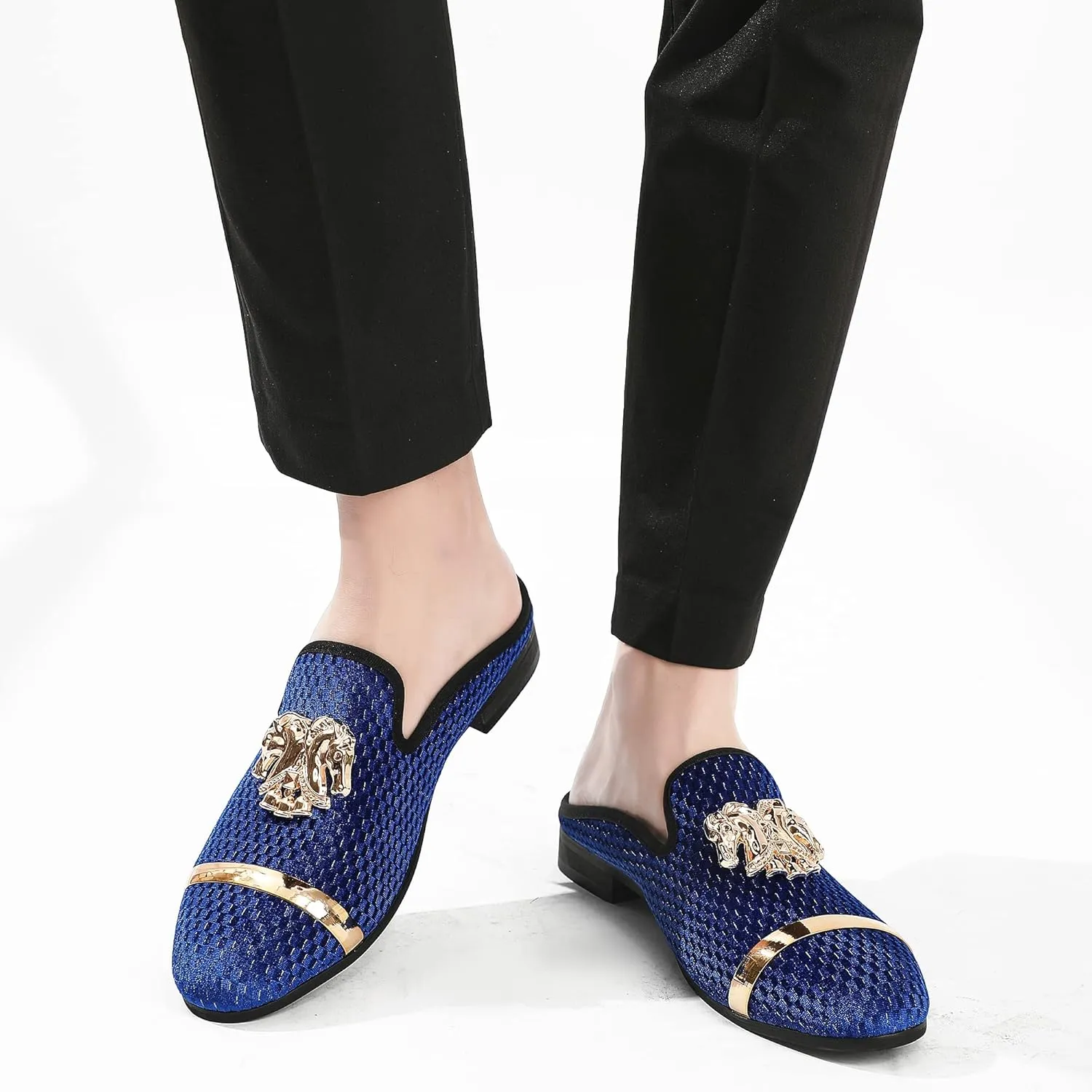 Men's Slip-on Mule Sandals Loafer with Gold Buckle,Fashion Leather Formal Wear Casual Backless Dress Slippers