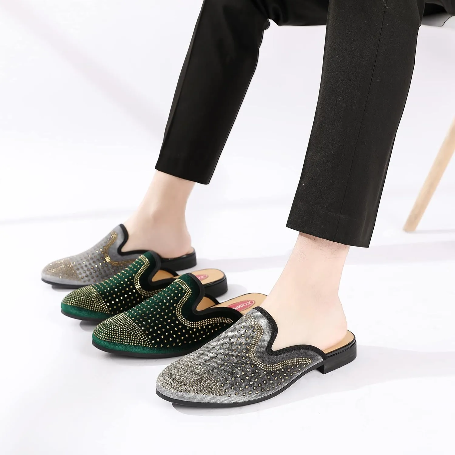 Men's Slip-on Mule Sandals Loafer with Gold Buckle,Fashion Leather Formal Wear Casual Backless Dress Slippers