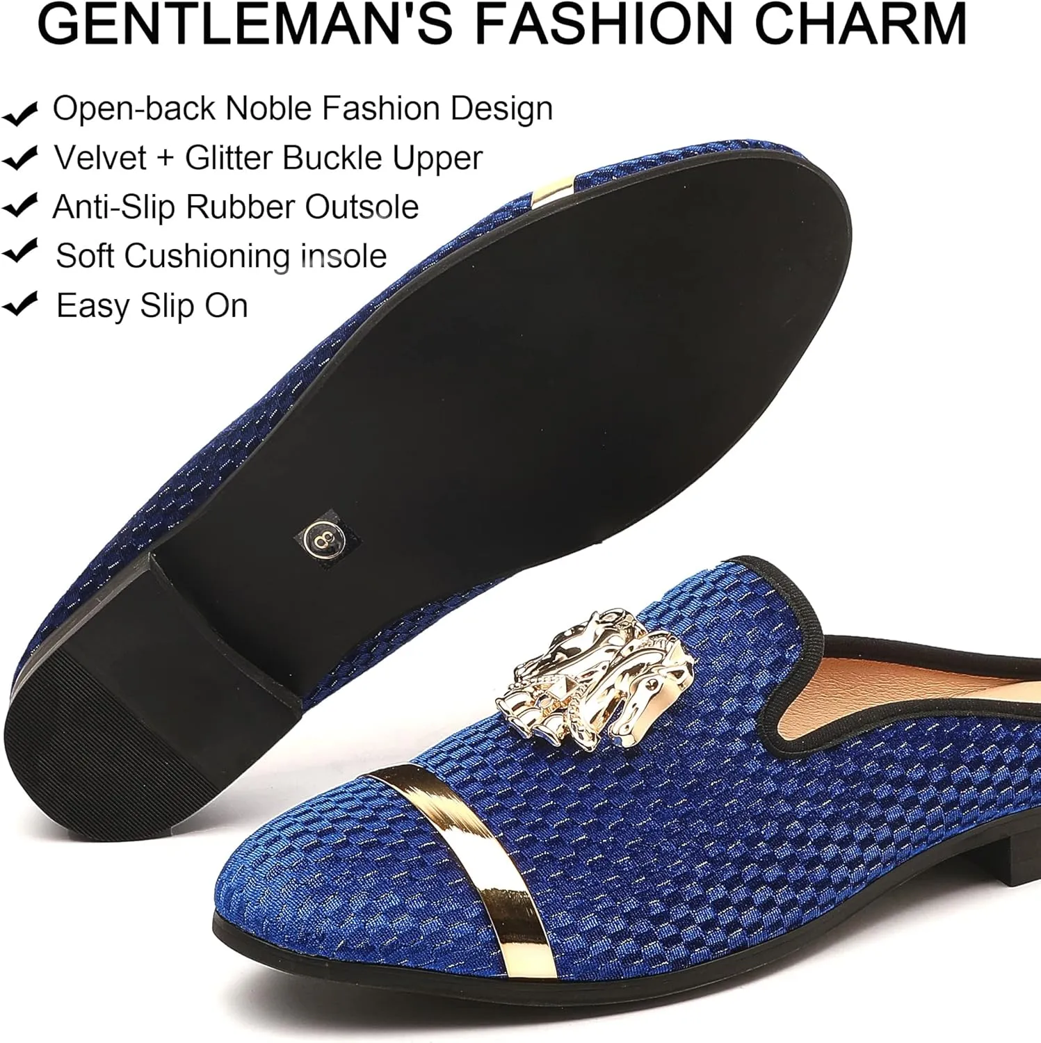 Men's Slip-on Mule Sandals Loafer with Gold Buckle,Fashion Leather Formal Wear Casual Backless Dress Slippers