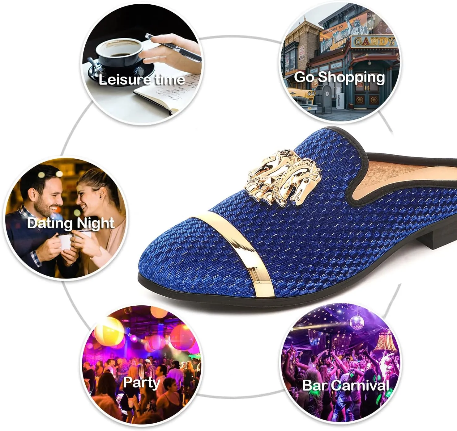 Men's Slip-on Mule Sandals Loafer with Gold Buckle,Fashion Leather Formal Wear Casual Backless Dress Slippers