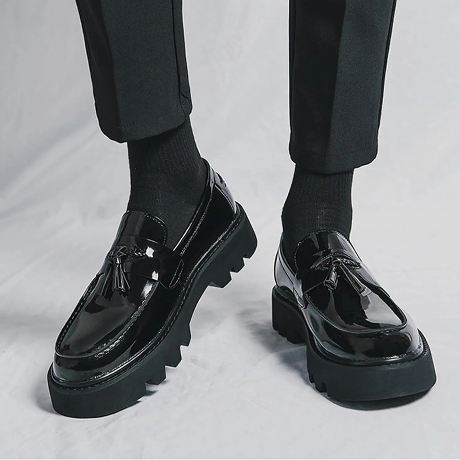 Men's Soft Leather Platform Chunky Heel Slip On Penny Loafers Fashion Tassel Business Casual Formal Work Shoes Non Slip Lug Sole Black Patent Leather Loafers