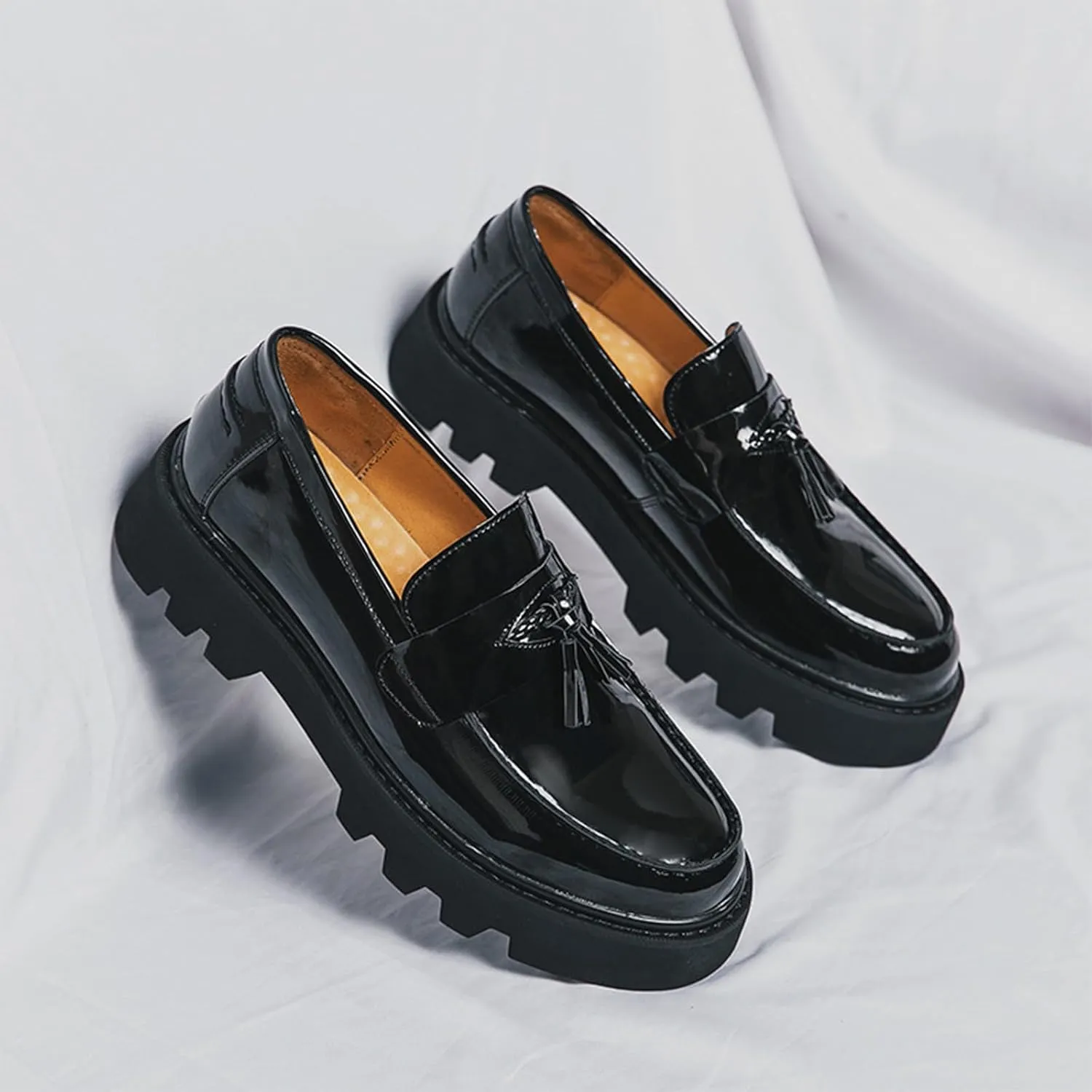 Men's Soft Leather Platform Chunky Heel Slip On Penny Loafers Fashion Tassel Business Casual Formal Work Shoes Non Slip Lug Sole Black Patent Leather Loafers