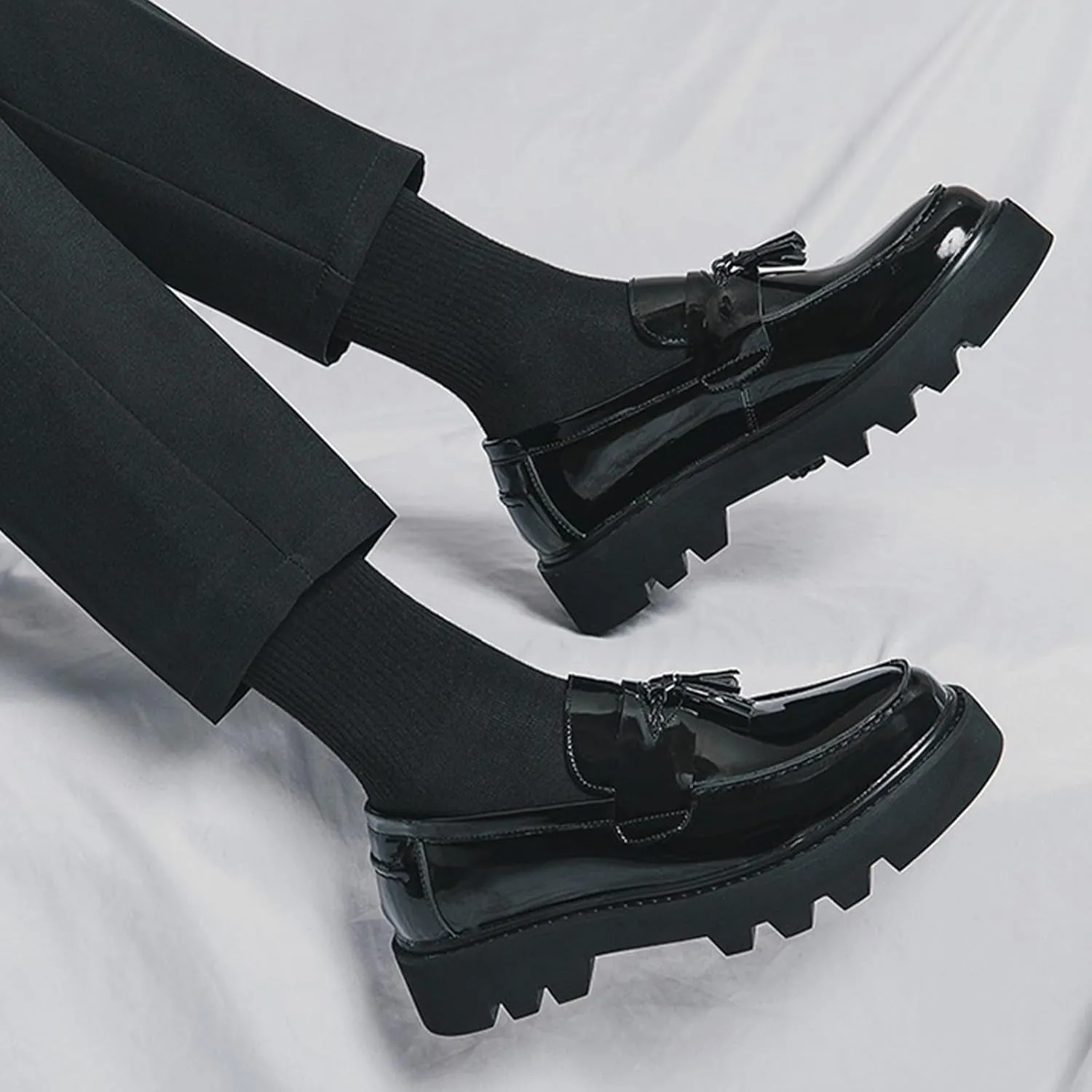 Men's Soft Leather Platform Chunky Heel Slip On Penny Loafers Fashion Tassel Business Casual Formal Work Shoes Non Slip Lug Sole Black Patent Leather Loafers